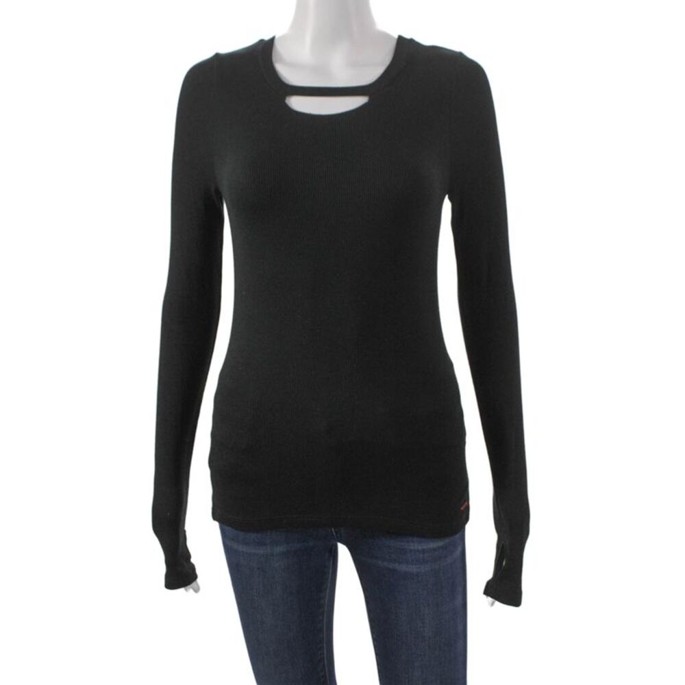 Philanthropy Women Basic Black Long Sleeve Round Neck T-Shirt Size S